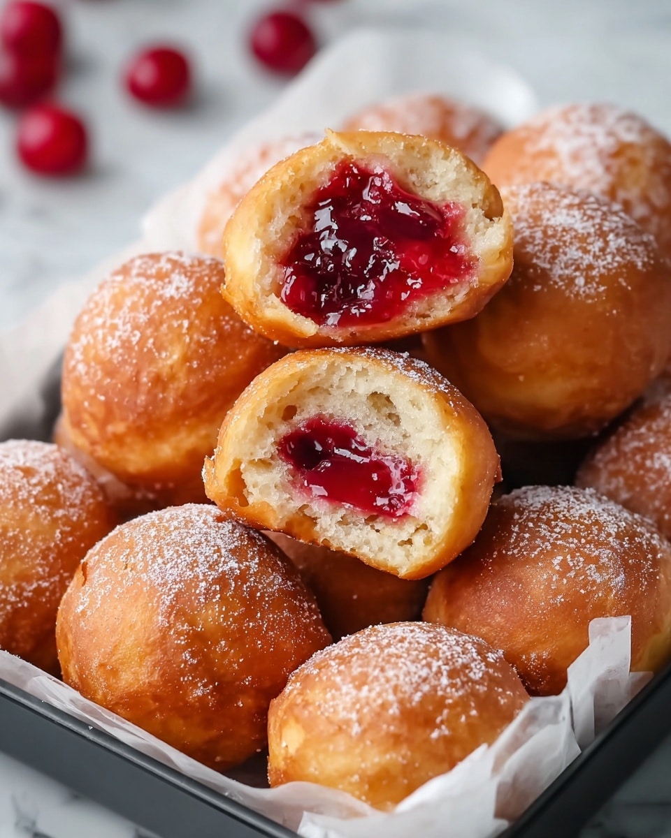 A close-up of several small round donuts in a black tray lined with white parchment paper on a white marbled surface. The donuts are golden brown with a light powdered sugar dusting, and one donut is cut in half on top, revealing a glossy, thick, deep red cherry jam filling inside. Blurred red cherries are visible in the background. The overall look is fresh, soft, and appetizing. photo taken with an iphone --ar 4:5 --v 7