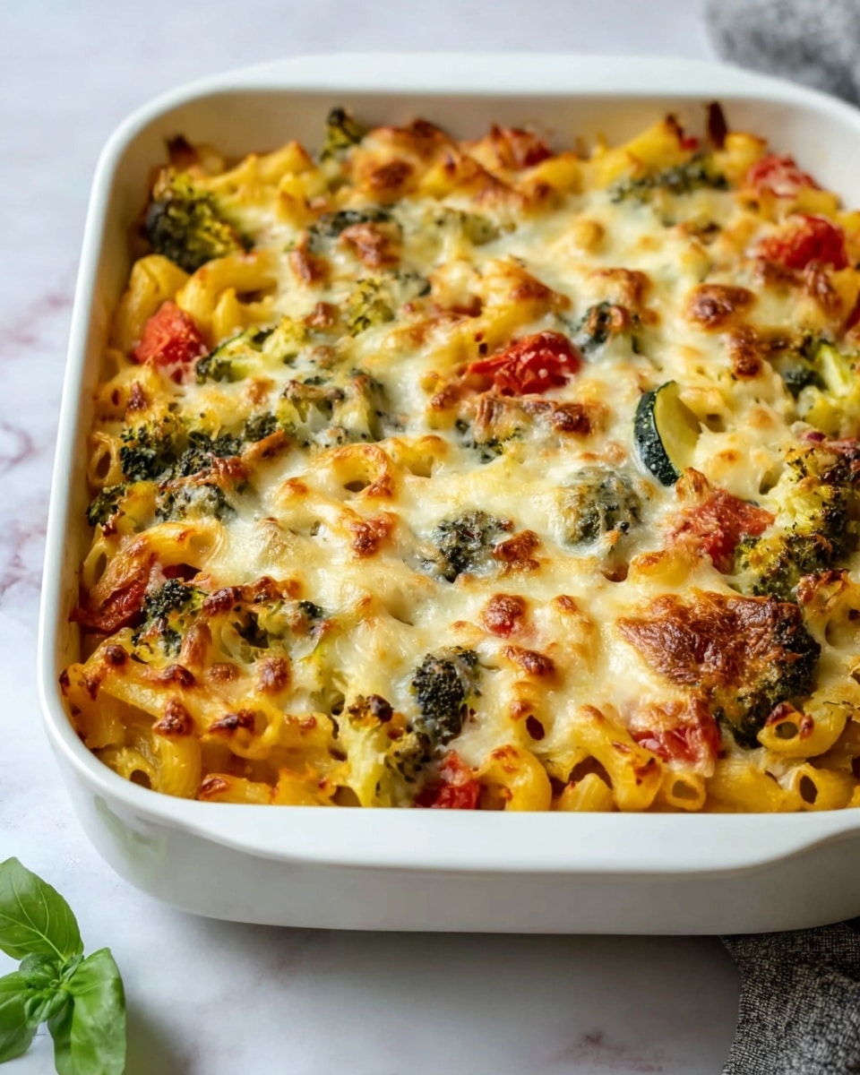 A white baking dish filled with baked pasta showing three clear layers: the bottom layer has tube-shaped pasta in light yellow, mixed with pieces of red tomato and green broccoli; the middle layer has more vegetables like sliced zucchini in dark green and scattered tomato bits; the top layer is a bubbling, golden brown melted cheese with crispy edges and some grated cheese sprinkled over it, giving a textured look. The dish sits on a white marbled surface with a gray cloth partially visible next to it. Photo taken with an iphone --ar 4:5 --v 7