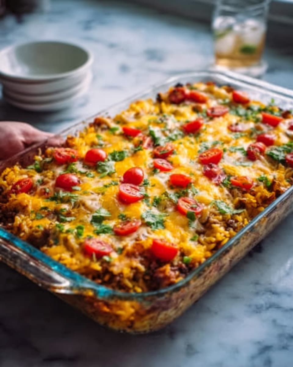 A clear white rectangular glass baking dish filled with a layered casserole. The bottom layer is a creamy white sauce mixed with corn and beans, topped with a thick layer of melted golden-yellow cheese. Scattered on top are small pieces of red cherry tomatoes and bright green herbs, adding color contrast. The surface has a slightly bubbly, melted cheese texture with shiny spots. The dish sits on a white marbled surface with bowls and cups blurred in the background. Photo taken with an iphone --ar 4:5 --v 7