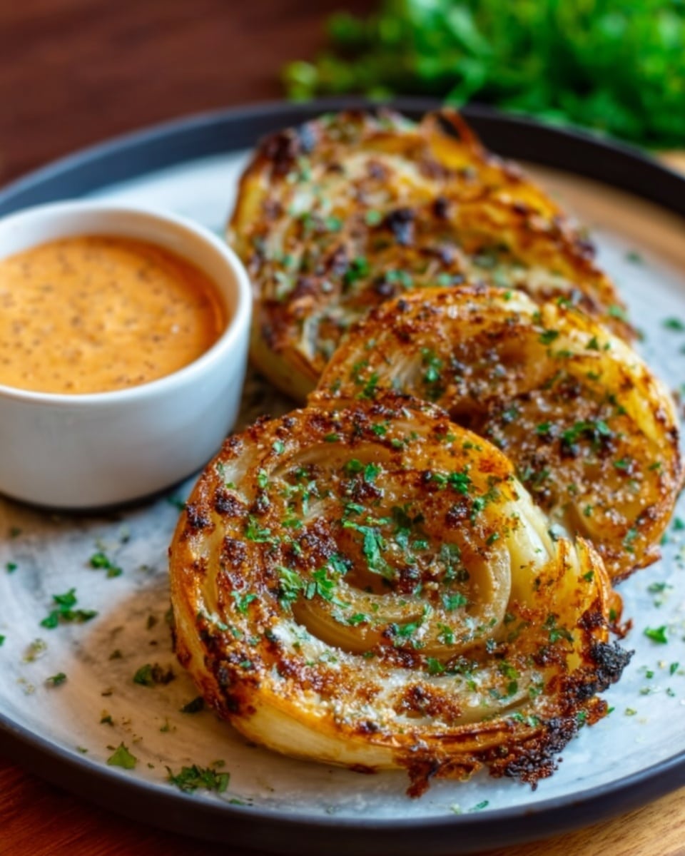 Three golden and crispy onion stacks arranged on a white plate with a small cup of creamy dipping sauce on the side. Each onion stack has multiple thin layers of fried onion, showing a mix of light brown and golden-yellow colors with crispy edges sprinkled with green herbs and red chili flakes. The plate rests on a white marbled surface. Photo taken with an iphone --ar 4:5 --v 7