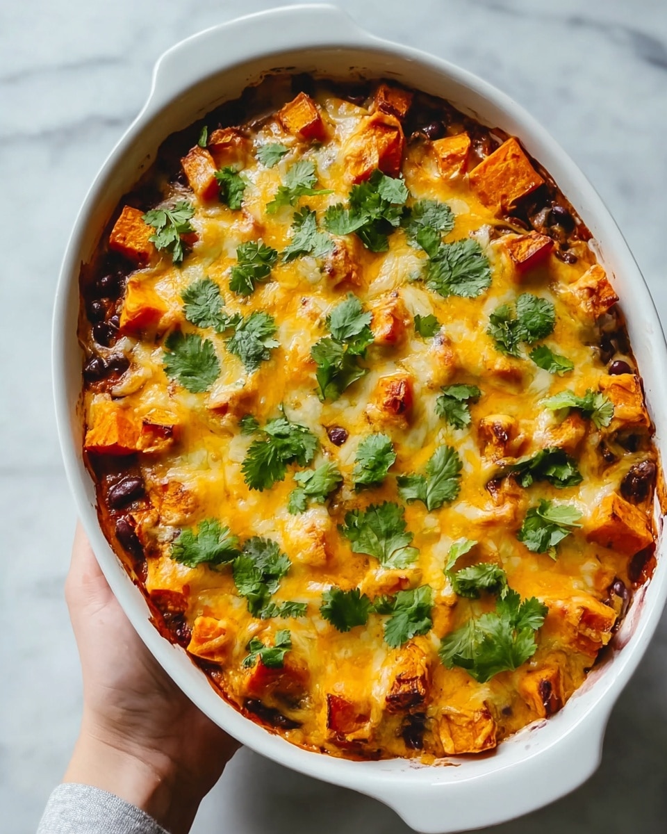 The image shows a white oval baking dish held by a woman's hand, filled with a baked dish consisting of three visible layers. The bottom layer is dark and chunky, made of black beans scattered evenly. The middle layer has bright orange chunks of roasted sweet potatoes arranged in a circular pattern around the edges, partly covered by the top layer. The top layer is melted cheese, golden and slightly browned, covering most of the sweet potatoes and beans. Fresh green cilantro leaves are scattered on top for a touch of color and freshness. The dish is placed against a white marbled texture background. photo taken with an iphone --ar 4:5 --v 7
