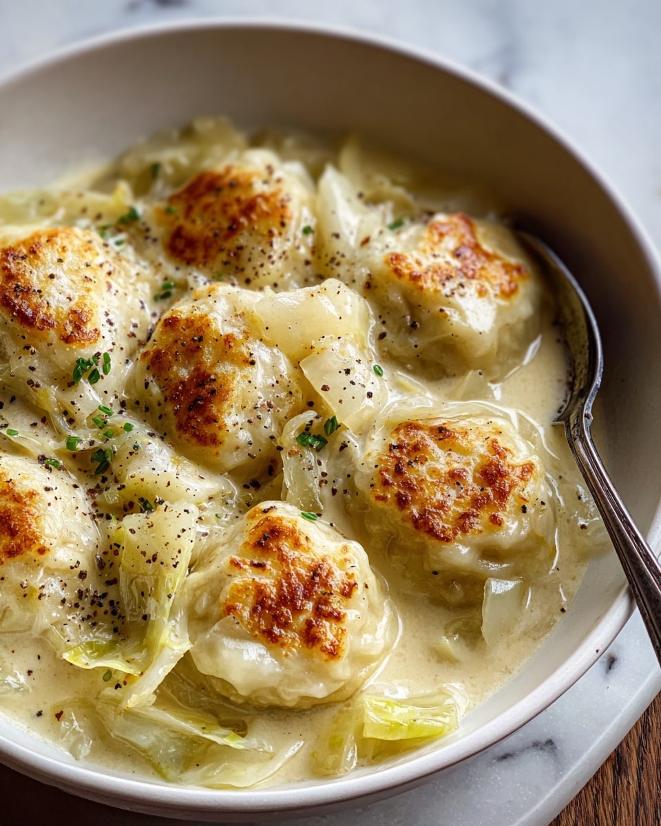 The image shows a white bowl filled with soft dumplings covered in a creamy, pale yellow sauce. The dumplings have a light golden-brown crust on top, adding texture and contrast. The sauce looks smooth and glossy, pooling around the dumplings with small bits of green herbs and sprinkled black pepper on top. The bowl is placed on a white marbled surface, and there is a spoon resting inside the bowl. photo taken with an iphone --ar 4:5 --v 7