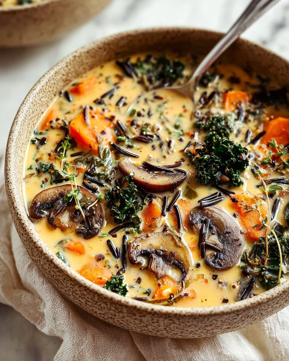 A close-up of a creamy soup in a round speckled bowl placed on a white marbled surface with a soft cloth nearby. The soup’s base is light creamy orange with visible pieces of dark brown sliced mushrooms, bright orange carrot slices, dark green kale leaves, and black wild rice mixed throughout. A few sprigs of fresh thyme rest on top, sprinkled with coarse black pepper. A silver spoon sits inside the bowl on the right edge. The image highlights the smooth and chunky textures of the soup layers with a warm, inviting feel. Photo taken with an iphone --ar 4:5 --v 7