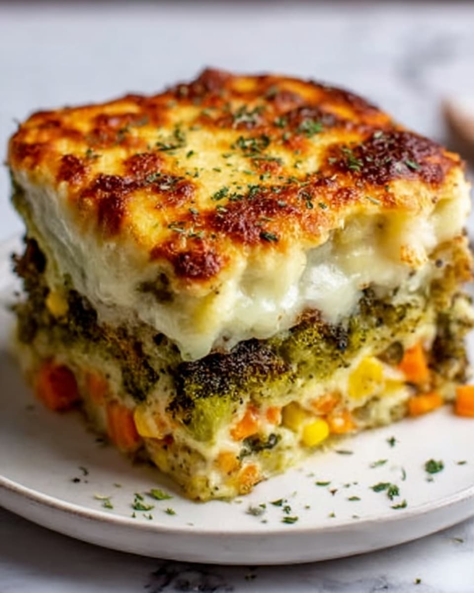 A close-up of a three-layered vegetable lasagna on a white plate with green herbs sprinkled on top and around the edges. The top layer is golden brown with melted cheese and small green herb pieces scattered across it. Below is a thick middle layer showing a mix of broccoli, corn, and diced orange carrots covered with melted cheese, creating a creamy texture. The bottom layer has the same vegetables with cheese, all packed tightly and visible through the slightly melted sheets. The background surface is white marbled texture. photo taken with an iphone --ar 4:5 --v 7