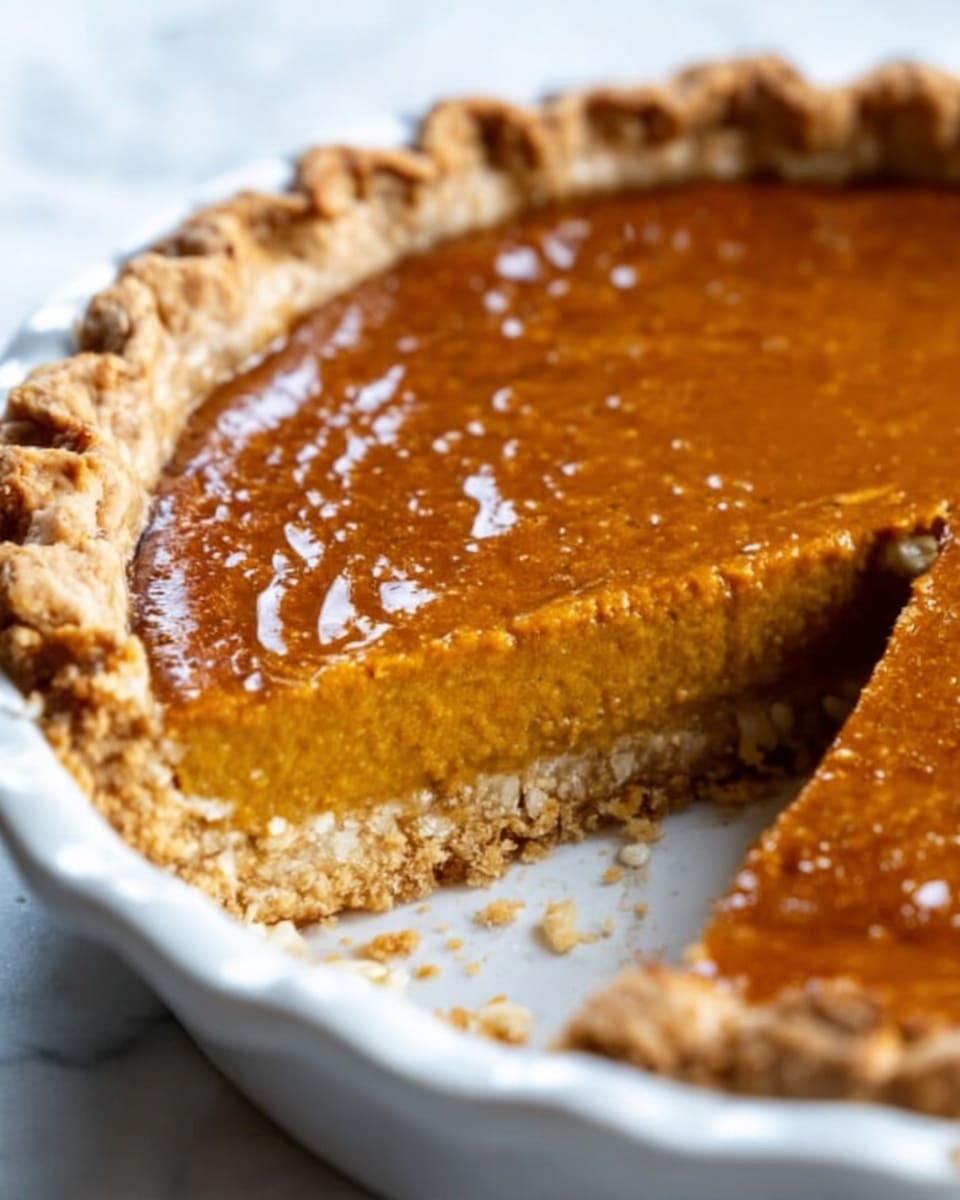 A close-up image of a pumpkin pie with one slice removed, revealing two layers: a smooth, orange pumpkin filling with a slightly glossy surface and a thick, light golden-brown crust with a crimped edge, all inside a white pie dish. The background is a white marbled texture, and the focus is on the pie's inside showing the creamy texture of the filling and the crumbly crust. Photo taken with an iphone --ar 4:5 --v 7