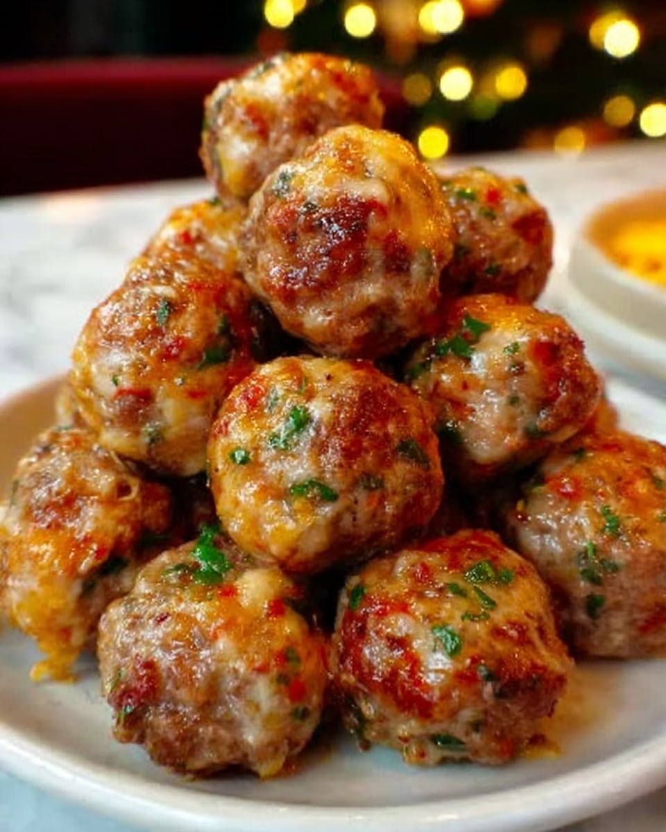 A white plate holds a pile of round meatballs covered in a glossy, slightly melted cheese layer, with specks of green herbs scattered on top. The meatballs have a rich brown color with visible small pieces of vegetables like carrots and herbs inside. The background is blurred soft warm lights, creating a cozy feeling. The dish looks juicy and flavorful with a mix of textures from the crispy outside to the tender inside. Photo taken with an iphone --ar 4:5 --v 7