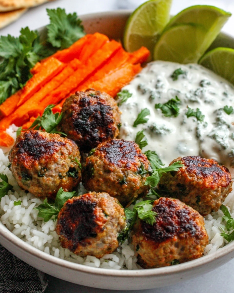 A white bowl filled with white rice at the bottom, topped with several browned meatballs arranged around a large dollop of creamy white sauce with green herbs mixed in. On one side of the bowl, there are fresh green cilantro leaves and two lime wedges, and on the opposite side, bright orange carrot sticks add a splash of color. The bowl sits on a white marbled surface. photo taken with an iphone --ar 4:5 --v 7
