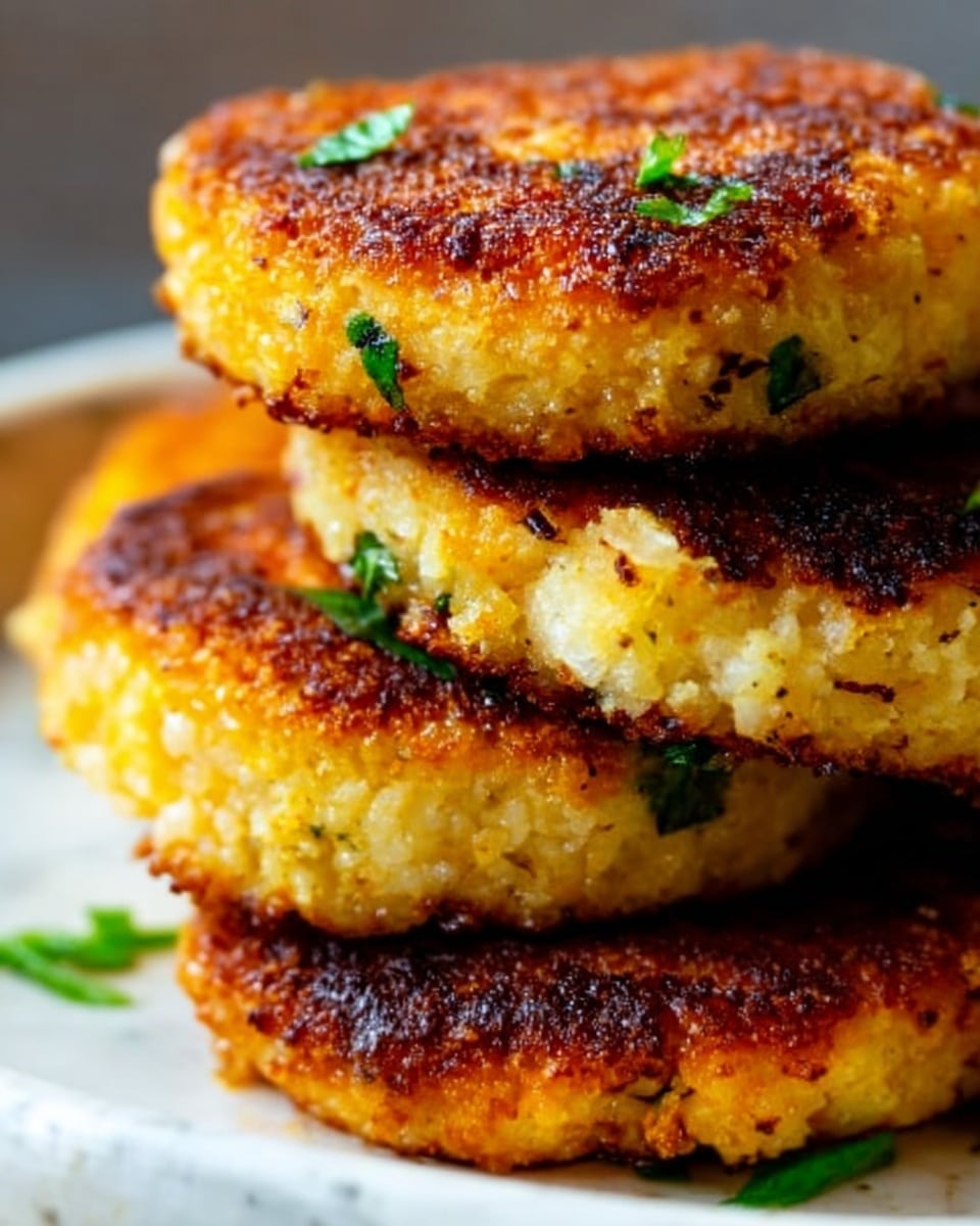 The image shows three golden-brown patties stacked closely together, each with a crispy texture on the outside and a soft, light inside. Small green herbs are sprinkled on and around the patties, adding a touch of color. The surface beneath the patties is a white marbled texture. The lighting highlights the crunchy edges and fluffy interior of the patties, making them look hot and fresh. photo taken with an iphone --ar 4:5 --v 7