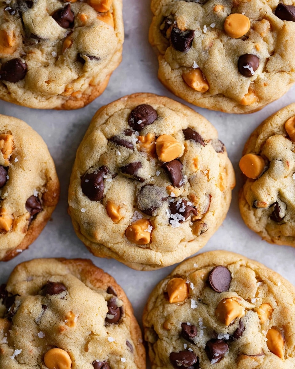 The image shows several soft, thick cookies with a light golden-brown color and a slightly cracked surface. Each cookie is embedded with both dark brown chocolate chips and bright orange butterscotch chips scattered unevenly on top, creating a contrast of colors. The texture looks chewy with small salt crystals sprinkled across the cookies. They are placed close together on a white marbled surface, showing a homemade and fresh baked look. photo taken with an iphone --ar 4:5 --v 7