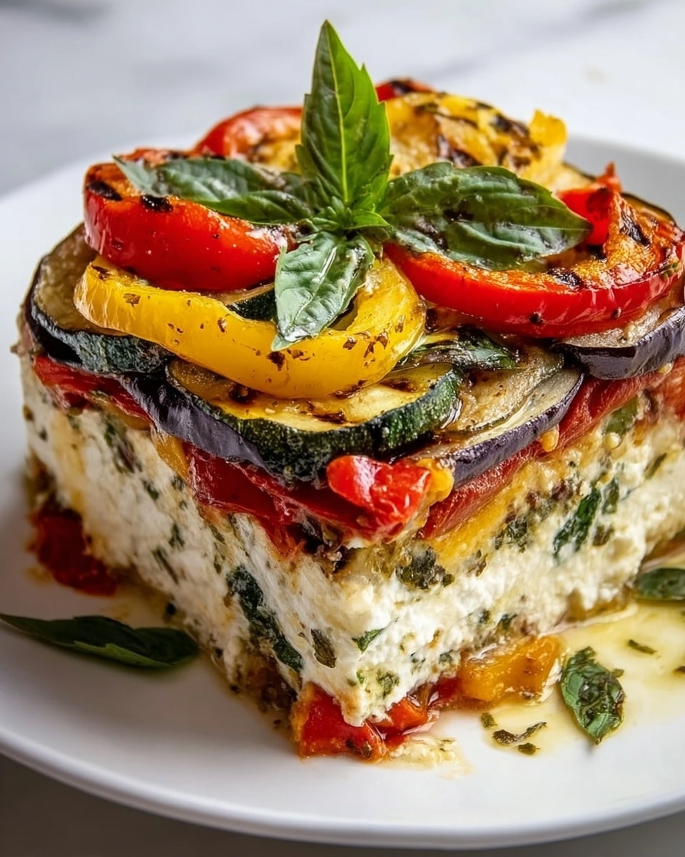 The image shows a square slice of layered vegetable casserole served on a white plate, placed on a white marbled surface. The dish has four visible layers: the bottom layer is made of roasted red peppers with a glossy texture, the second layer is thick and creamy white, likely cheese mixed with herbs, the third layer contains roasted yellow squash, and the top layer is a mix of grilled eggplant and zucchini slices with a slightly crispy, browned surface. On top, there are bright roasted red pepper pieces and fresh green basil leaves adding color and freshness. Photo taken with an iphone --ar 4:5 --v 7