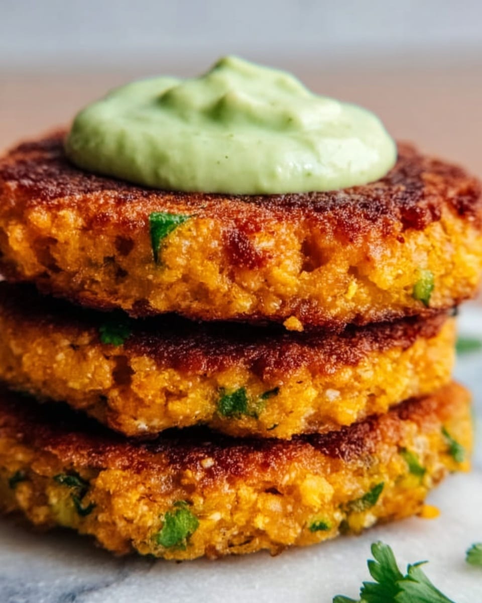 The image shows a stack of three golden-brown patties with a crispy texture, each patty having small green leafy bits visible inside. On top of the stack is a large dollop of creamy, pale green sauce with a smooth, slightly chunky texture. The stack sits on a white plate, placed on a white marbled surface. Photo taken with an iphone --ar 4:5 --v 7