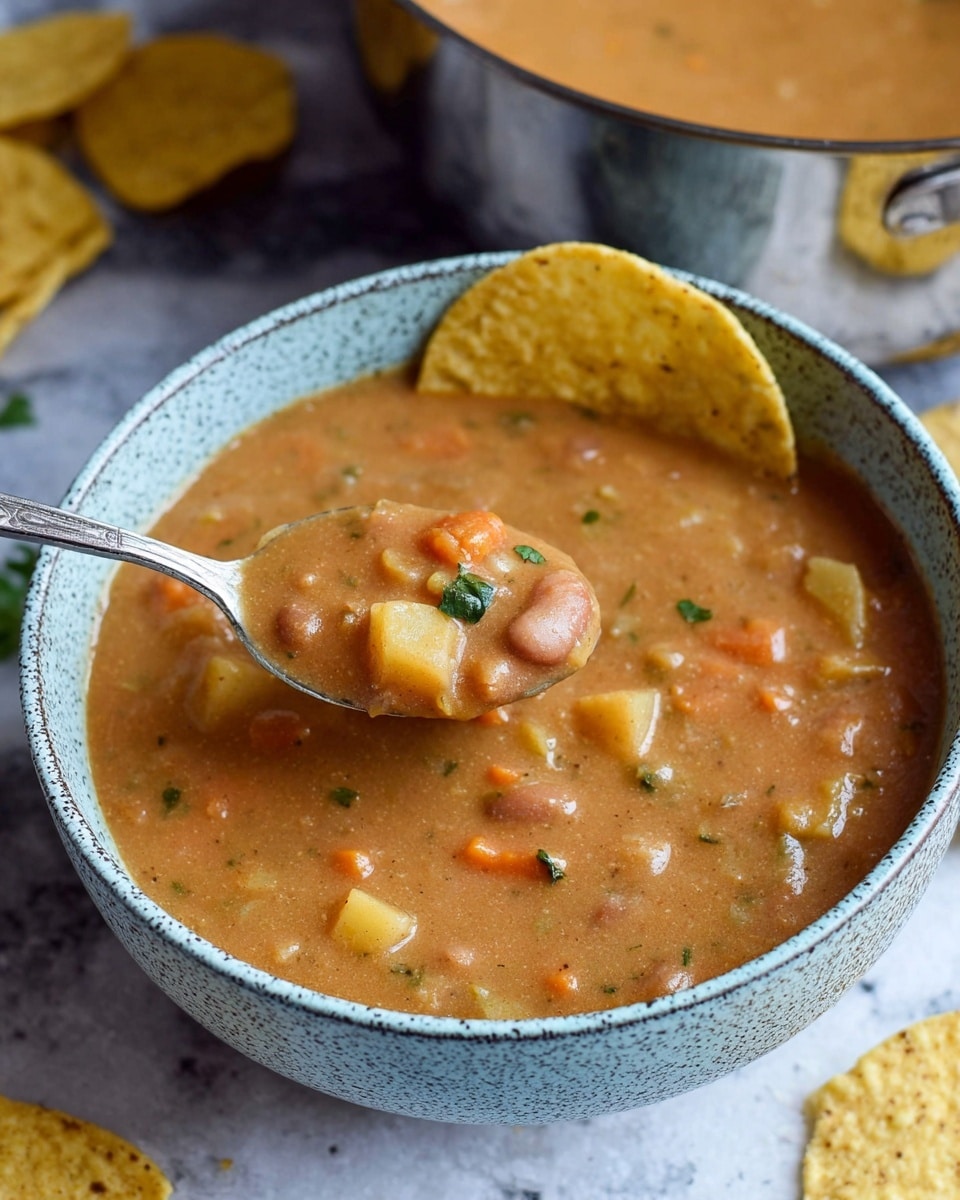 A close-up of a bowl filled with thick bean soup showing a mix of light brown broth with visible chunks of beans, potatoes, and carrots evenly spread throughout the soup; the soup is garnished with small bits of fresh green herbs scattered on top. A round yellow tortilla chip is placed on the right edge of the bowl, partially dipped in the soup. A silver spoon inside the bowl scoops up some of the chunky soup. The bowl is textured with a speckled grey outer surface and a smooth light blue inner surface. The background is a white marbled texture with a small pile of yellow tortilla chips nearby. photo taken with an iphone --ar 4:5 --v 7