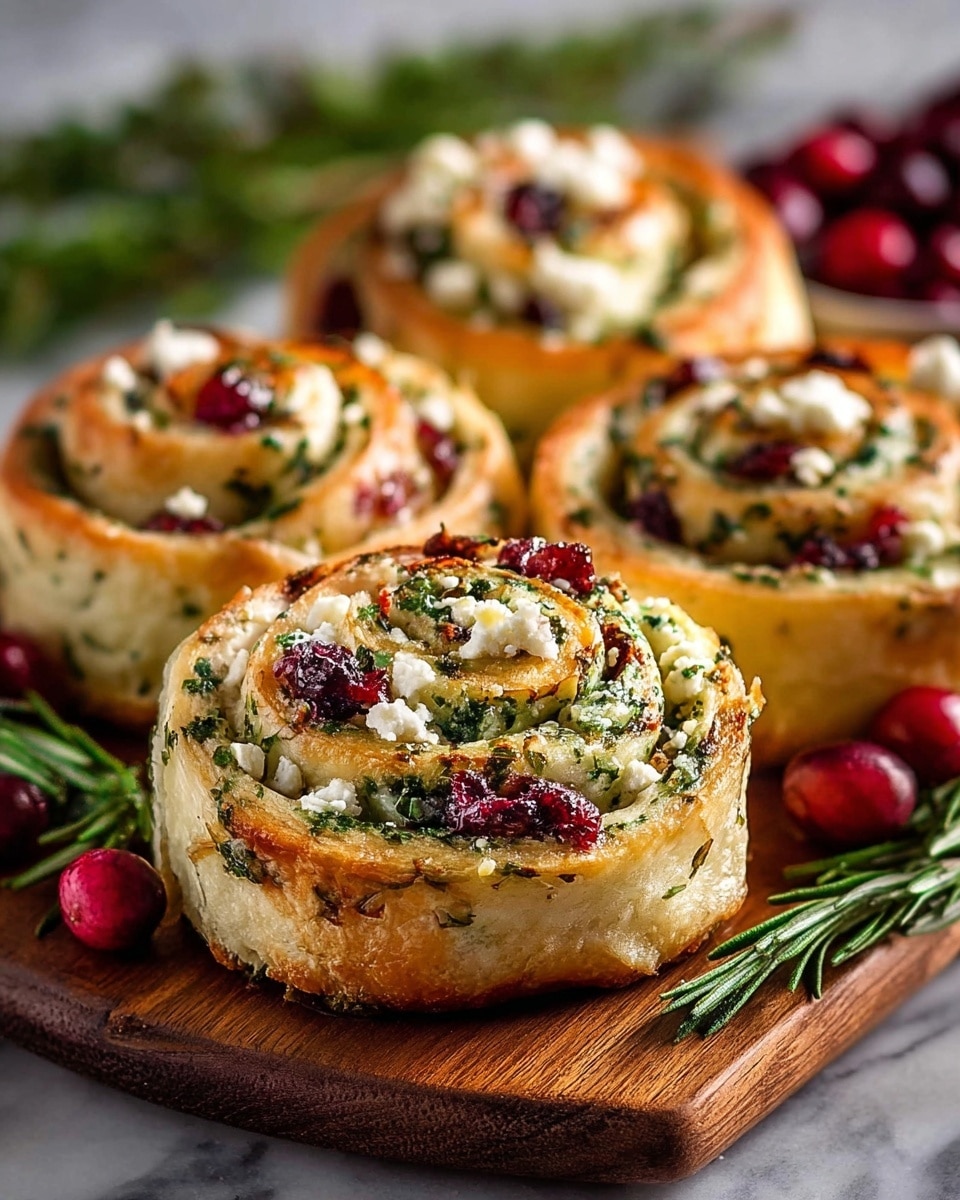 Four spiral-shaped rolls sit on a wooden board, each roll having about three visible layers. The base layer is a golden-brown baked dough with flecks of green herbs mixed in. Swirled inside are deep red cranberry pieces and white cheese crumbles, with some cheese piled on top of each roll. Around the rolls are sprigs of fresh green rosemary and scattered cranberries. The background is a white marbled texture. photo taken with an iphone --ar 4:5 --v 7