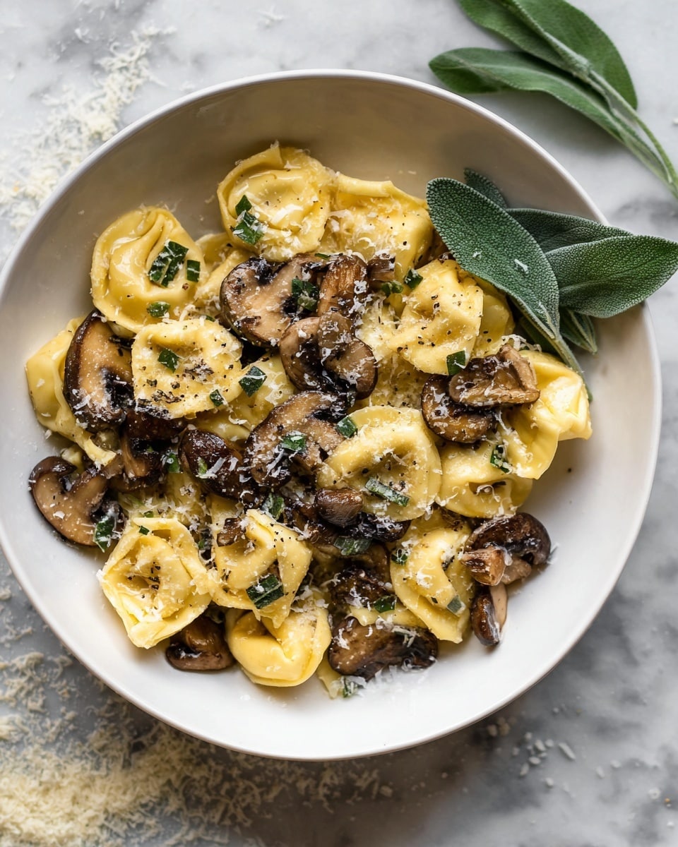 A white bowl filled with tortellini pasta mixed with sliced, cooked mushrooms and small bits of green herbs. The tortellini pieces are yellow with a soft, slightly glossy texture, while the mushrooms are brown and browned on the edges, showing a cooked, tender look. The dish is sprinkled with grated cheese that adds a light white dusting on top. There is also a sprig of green herb placed on the side of the bowl as decoration. The bowl sits on a white marbled surface with some grated cheese scattered around. photo taken with an iphone --ar 4:5 --v 7