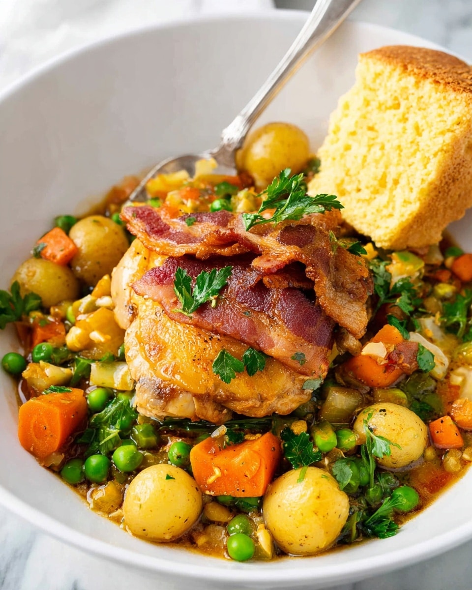 The image shows several pieces of crispy fried chicken layered closely together, each piece coated with a creamy, light beige gravy sauce that has small black pepper flakes. On top of the chicken and sauce are small sprinkles of fresh chopped green herbs, adding a touch of color contrast. The sauce pools around the chicken, creating a rich, smooth texture, and the chicken itself has a golden brown crisp crust with some dark seasoning spots. The background is a white marbled texture. photo taken with an iphone --ar 4:5 --v 7