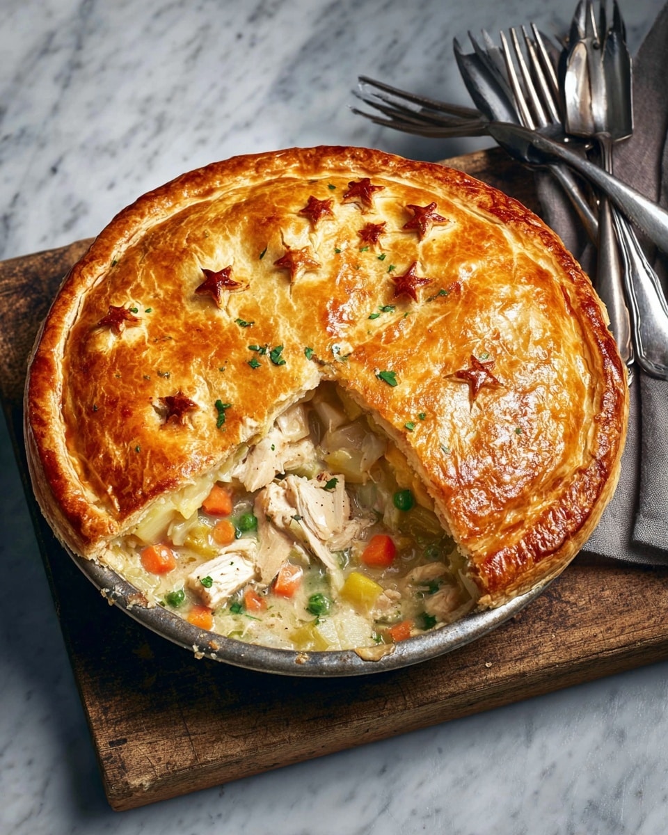 A golden brown pot pie sits on a black round tray on a wooden board, the crust decorated with small star shapes scattered across the top. The crust is flaky and shiny, with a quarter cut out to reveal the creamy filling inside. The filling has layers of light beige chicken chunks, soft diced orange carrots, and pale yellow potatoes mixed in a creamy white sauce, sprinkled with green herbs. Four forks lie in the background on a blue grey surface replaced with white marbled texture. The photo taken with an iphone --ar 4:5 --v 7