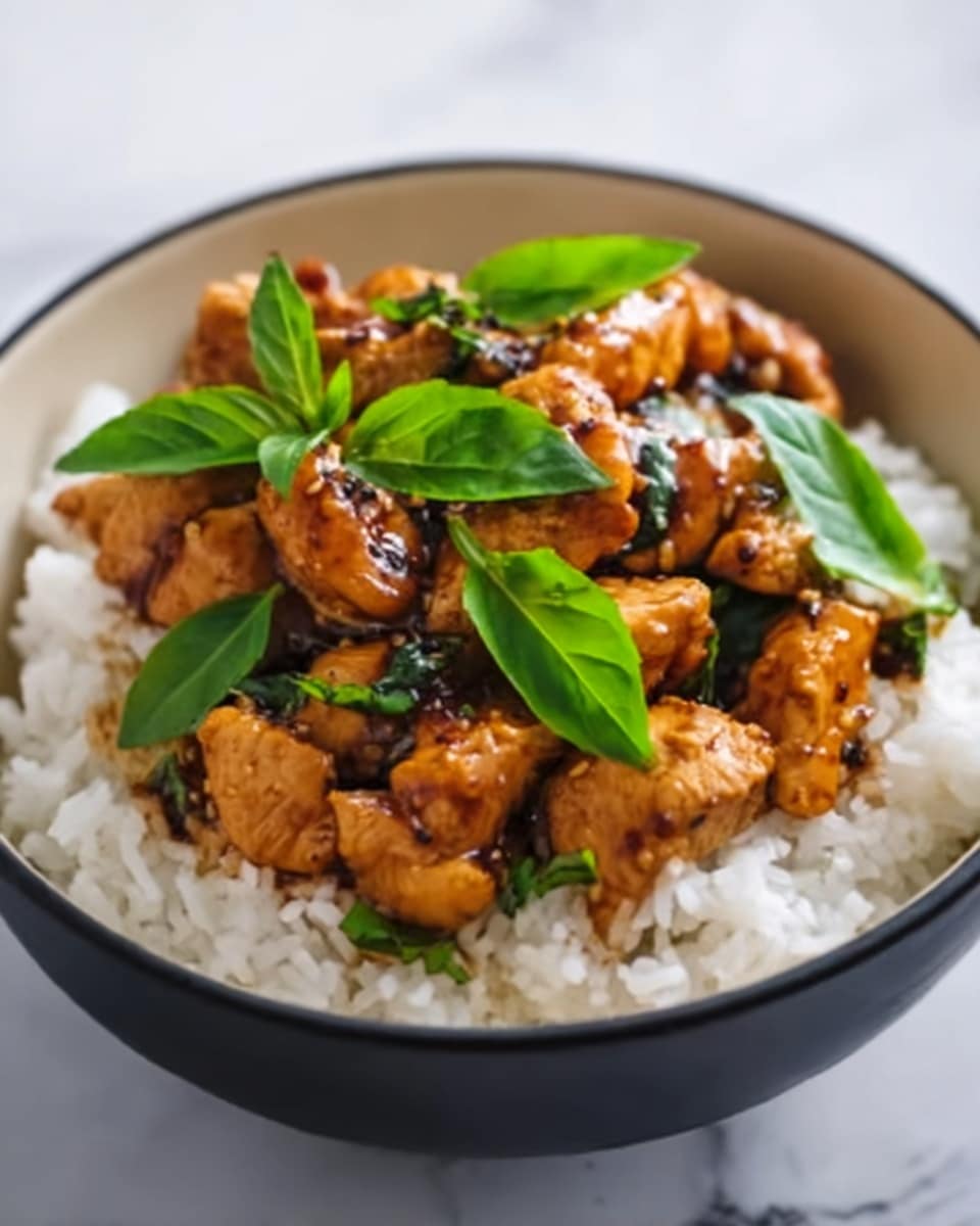 A round white bowl filled with a base layer of fluffy white rice, topped with chunks of glazed, golden-brown chicken pieces coated in a shiny sauce with sesame seeds sprinkled on top. Fresh green basil leaves are placed on the chicken, adding a pop of green color. The bowl is set on a white marbled surface. photo taken with an iphone --ar 4:5 --v 7