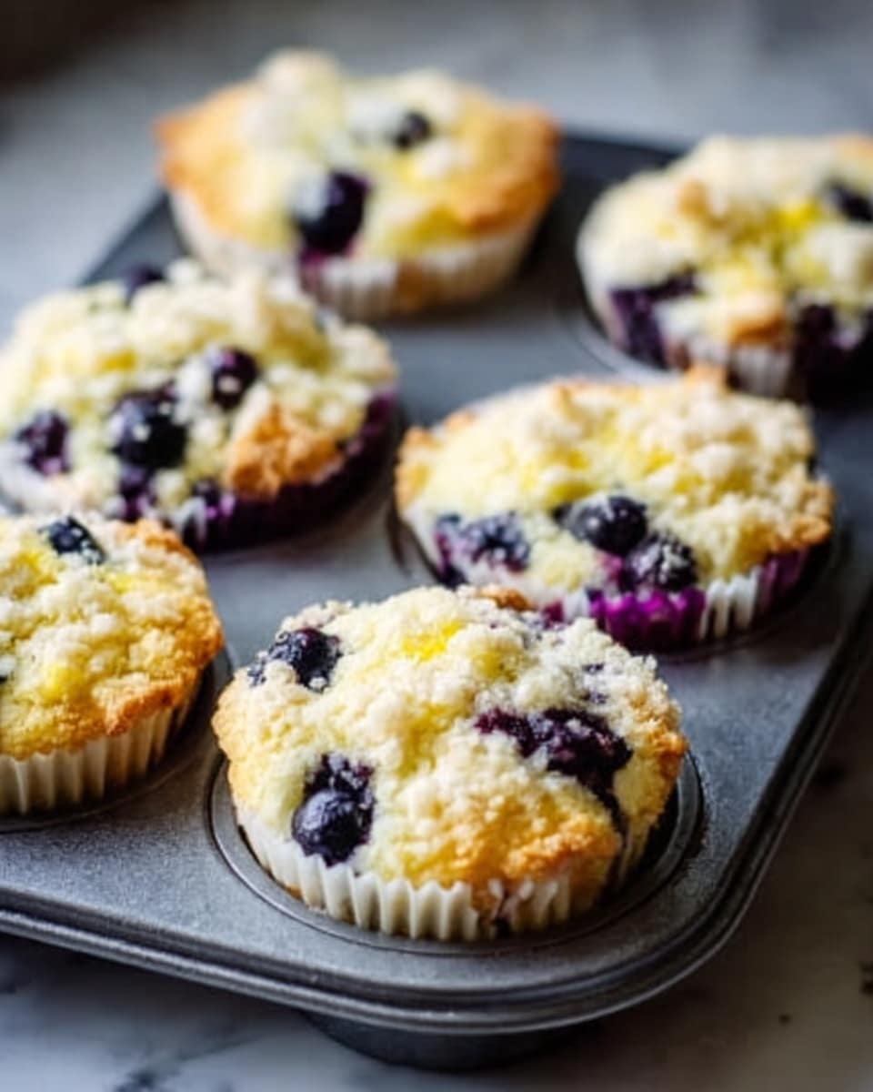 The image shows a close-up view of six blueberry muffins baked in a silver muffin tray. Each muffin has a slightly cracked, golden brown top with visible plump blueberries bursting through the edges. The muffins have soft, light yellow interiors with a moist texture, and the blueberries add dark blue and purple spots across the surface. A woman's hand is gently adjusting one of the muffins, adding a human touch. The background features a white marbled texture, keeping the focus on the warm, fresh baked goods. Photo taken with an iphone --ar 4:5 --v 7