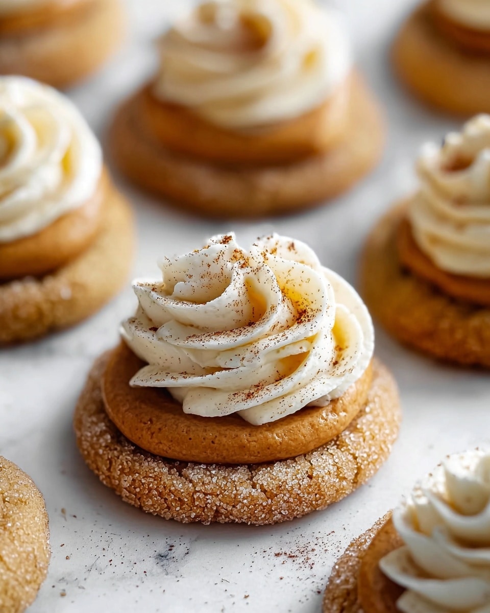 The image shows a close-up of light brown cookies topped with a glossy pumpkin-colored filling. Each cookie has three main layers: a sandy-textured, sugar-coated base in light golden brown, a smooth, thick orange layer in the middle, and a swirl of soft, white cream on top. The cream is piped in an ornate, fluffy rosette and lightly dusted with a fine layer of cinnamon or cocoa powder, adding dark brown specks for contrast. The cookies are arranged on a white marbled surface with other similar cookies softly blurred in the background, creating a cozy and inviting look. photo taken with an iphone --ar 4:5 --v 7