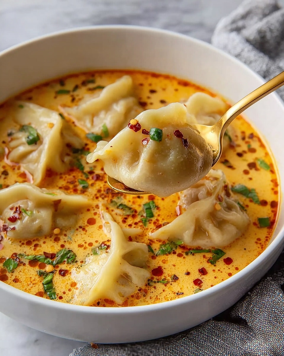 A white bowl filled with a creamy orange soup that looks smooth with some oil spots and red chili flakes on top. Floating in the soup are several dumplings with a light beige color, soft and slightly translucent with visible folds and a slightly bumpy texture. The dumpling in a golden spoon is lifted above the bowl, showing its plump shape and some green herb garnishes scattered on both the soup and dumplings. The background has a white marbled texture and a gray cloth is partially visible behind the bowl. photo taken with an iphone --ar 4:5 --v 7