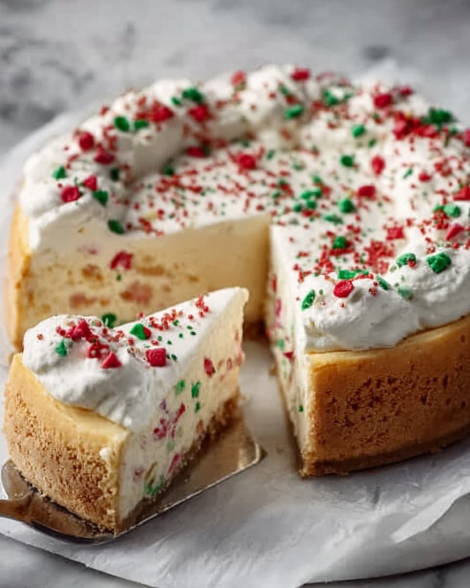 A thick, creamy cheesecake with a golden crust sits on a white plate on a white marbled surface. The cheesecake has one main layer of smooth, pale yellow filling, topped with a thick, white whipped cream layer that covers the entire top. Red and green sprinkle decorations are scattered over the whipped cream, with some pomegranate seeds adding bright red color and a fresh look. A slice is lifted from the cheesecake by a silver spatula held by a woman's hand, showing the smooth texture inside. The photo taken with an iphone --ar 4:5 --v 7