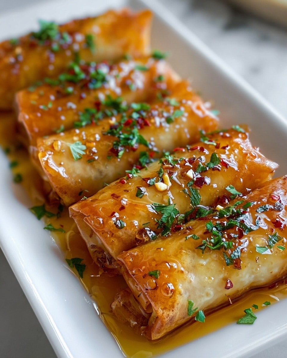 The image shows four golden brown, crispy rolls tightly wrapped in thin, flaky layers with a shiny glaze of honey or syrup drizzled on top, creating a sticky, glossy effect. Each roll is sprinkled with tiny red chili flakes and finely chopped fresh green herbs, giving pops of red and green color across the warm yellow-brown surface. The rolls are neatly arranged close together in a white rectangular dish on a white marbled surface. The overall look is fresh, inviting, and rich in texture. photo taken with an iphone --ar 4:5 --v 7