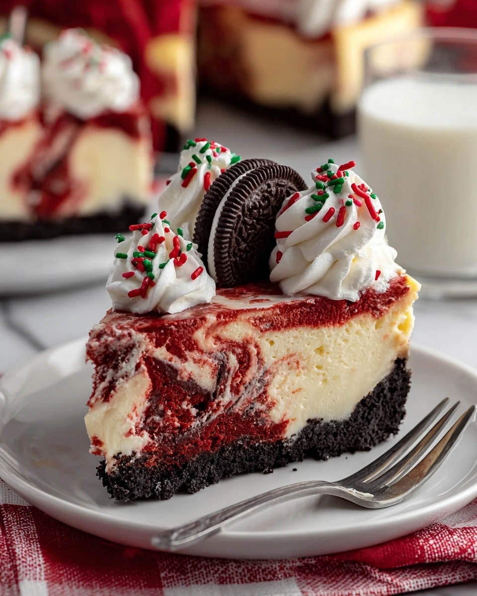 A slice of cheesecake with three main layers sits on a white plate. The bottom layer is a dark chocolate cookie crust. The middle layer is creamy white cheesecake with swirls of deep red velvet cake that mix into the cheese. On top is a swirl of white whipped cream decorated with small red and green sprinkles, crowned with a whole chocolate sandwich cookie standing upright. The plate is on a white marbled surface with a red and white cloth. In the background, blurred slices of the same cheesecake and a glass of milk are visible. A silver fork rests on the plate next to the slice. Photo taken with an iphone --ar 4:5 --v 7