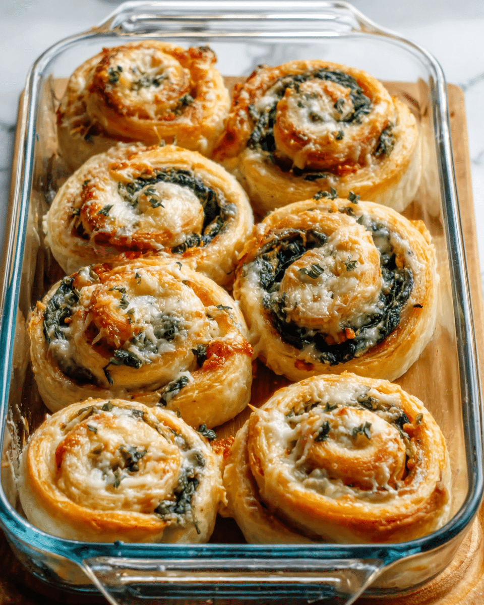 The image shows a clear glass baking dish filled with seven golden-brown cinnamon rolls. Each roll has several visible layers of soft dough spiraled tightly around cinnamon and dark green spinach filling, topped with a shiny glaze and small sprinkles of herbs. The rolls sit on a wooden surface with a white marbled background behind, and the dish shines under natural light, highlighting the fluffy texture of the dough and the rich colors of the filling. photo taken with an iphone --ar 4:5 --v 7