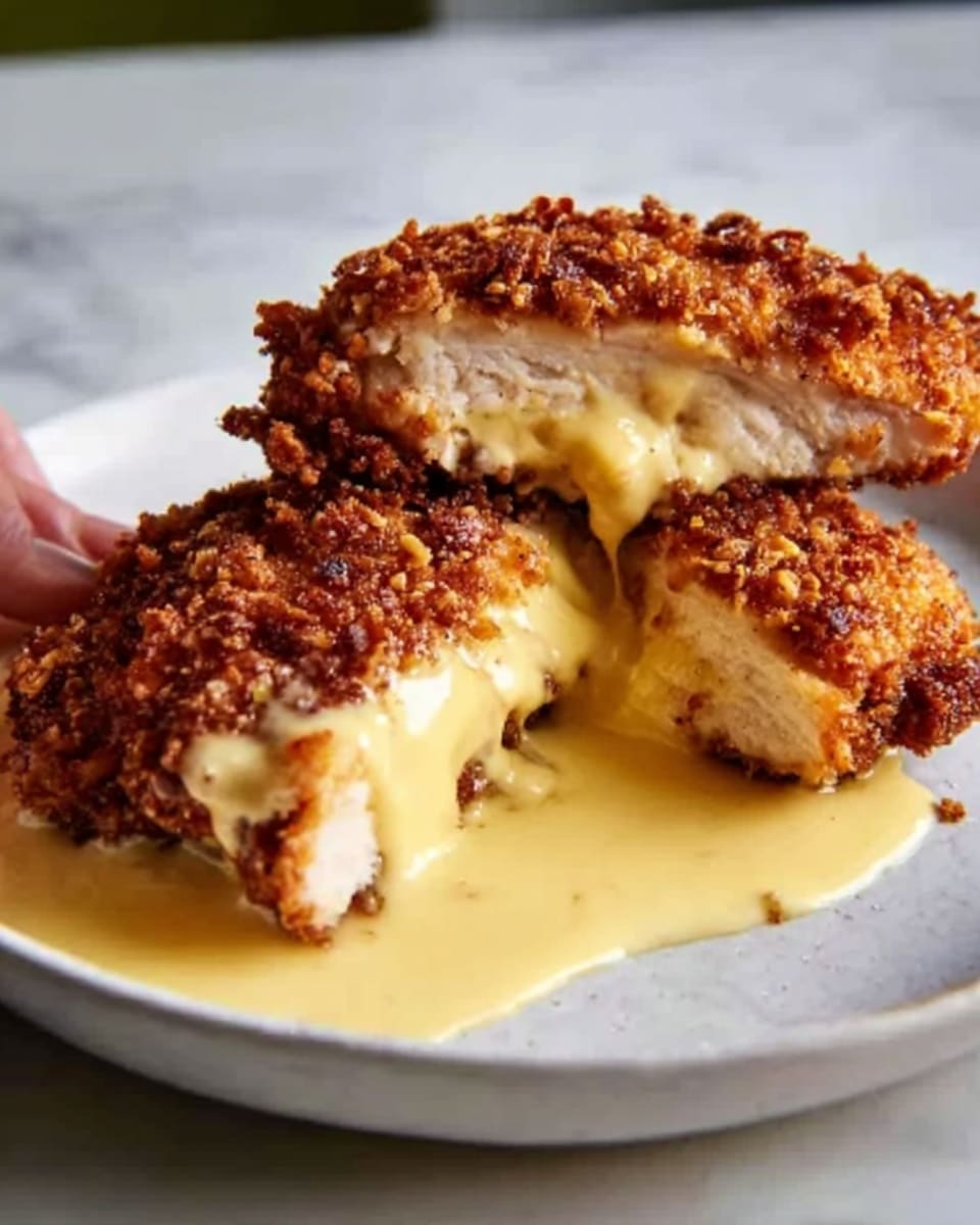 A close-up of a crispy fried chicken breast cut in half on a white plate, showing a gooey melted cheese layer inside that is oozing out onto the plate; the outer crust is deep golden brown with a crunchy texture, and the cheese sauce around the chicken is light yellow with specks of seasoning; the plate sits on a white marbled surface. photo taken with an iphone --ar 4:5 --v 7