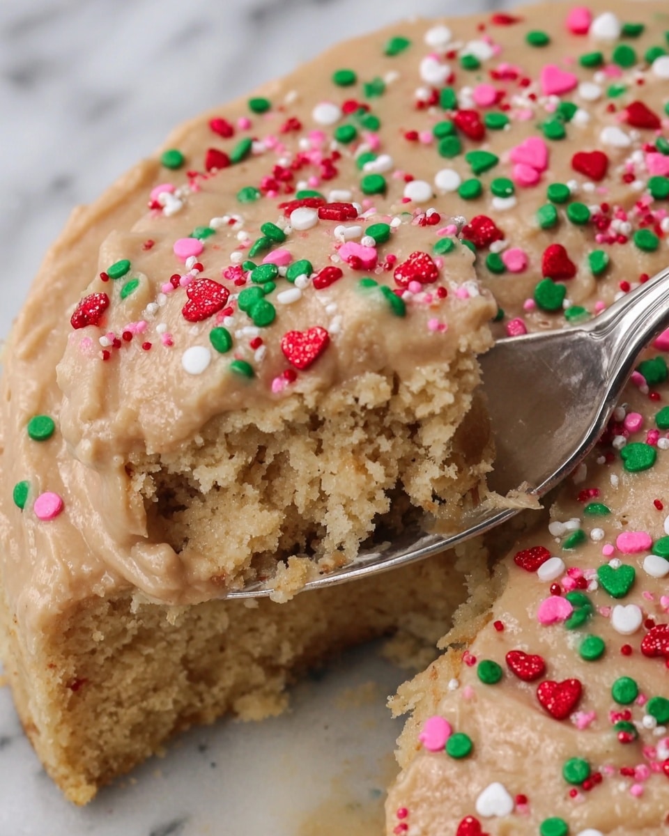 The image shows a close-up of a soft, light brown cake with a smooth, slightly thick caramel-colored frosting layer spread on top. The frosting is decorated with small colorful round sprinkles in red, white, green, and pink, as well as heart-shaped red and pink sprinkles scattered across. A spoon scoops up a portion of the cake and frosting, revealing a crumbly, moist texture beneath the topping. The background and surface have a white marbled texture. Photo taken with an iphone --ar 4:5 --v 7