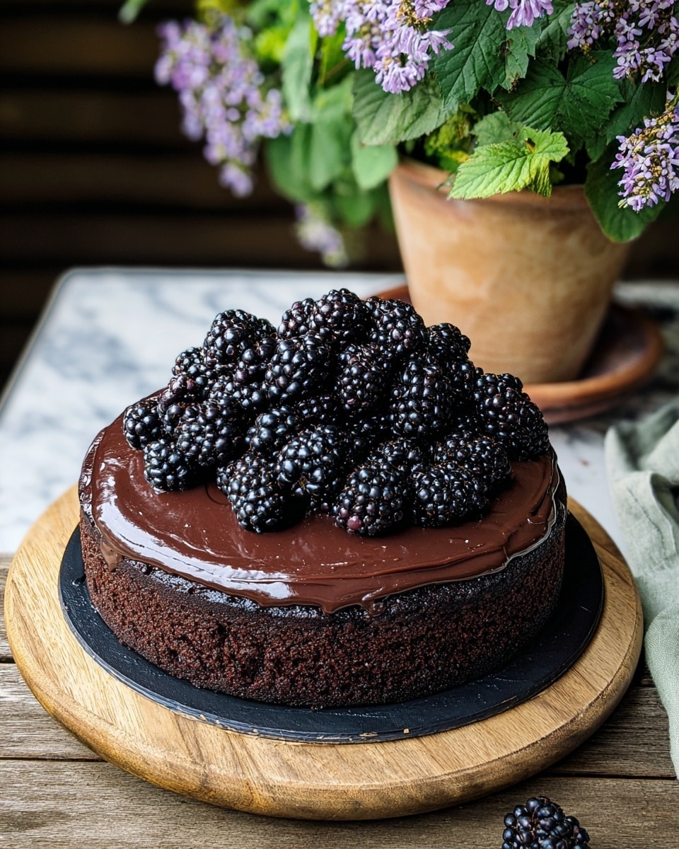 A round chocolate cake with two visible layers: the bottom layer is dark, moist chocolate cake, and the top layer is smooth, glossy dark chocolate ganache evenly spread over the cake. The ganache layer shines under the light, giving a rich look. On top of the cake, there is a heap of fresh blackberries, each shiny and plump, scattered casually but fully covering the center. The cake sits on a wooden round board, and there are a few cake crumbs around the base. In the back, there is a blurred pot with pink flowers and green leaves. The surface beneath the board shows a white marbled texture. photo taken with an iphone --ar 4:5 --v 7