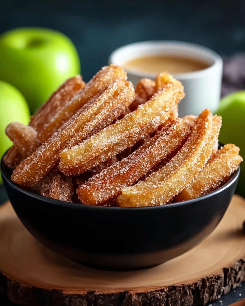 A close-up view of a black bowl filled with a heap of golden brown churros coated in a layer of granulated sugar and cinnamon, giving them a sparkling texture. The churros are slightly curved and stacked unevenly, showing their crispy exterior with fine sugar crystals catching the light. In the blurred background, two shiny green apples and a white ramekin holding a light brown dipping sauce are visible. The bowl sits on a rustic wooden round surface with a white marbled texture underneath. photo taken with an iphone --ar 4:5 --v 7