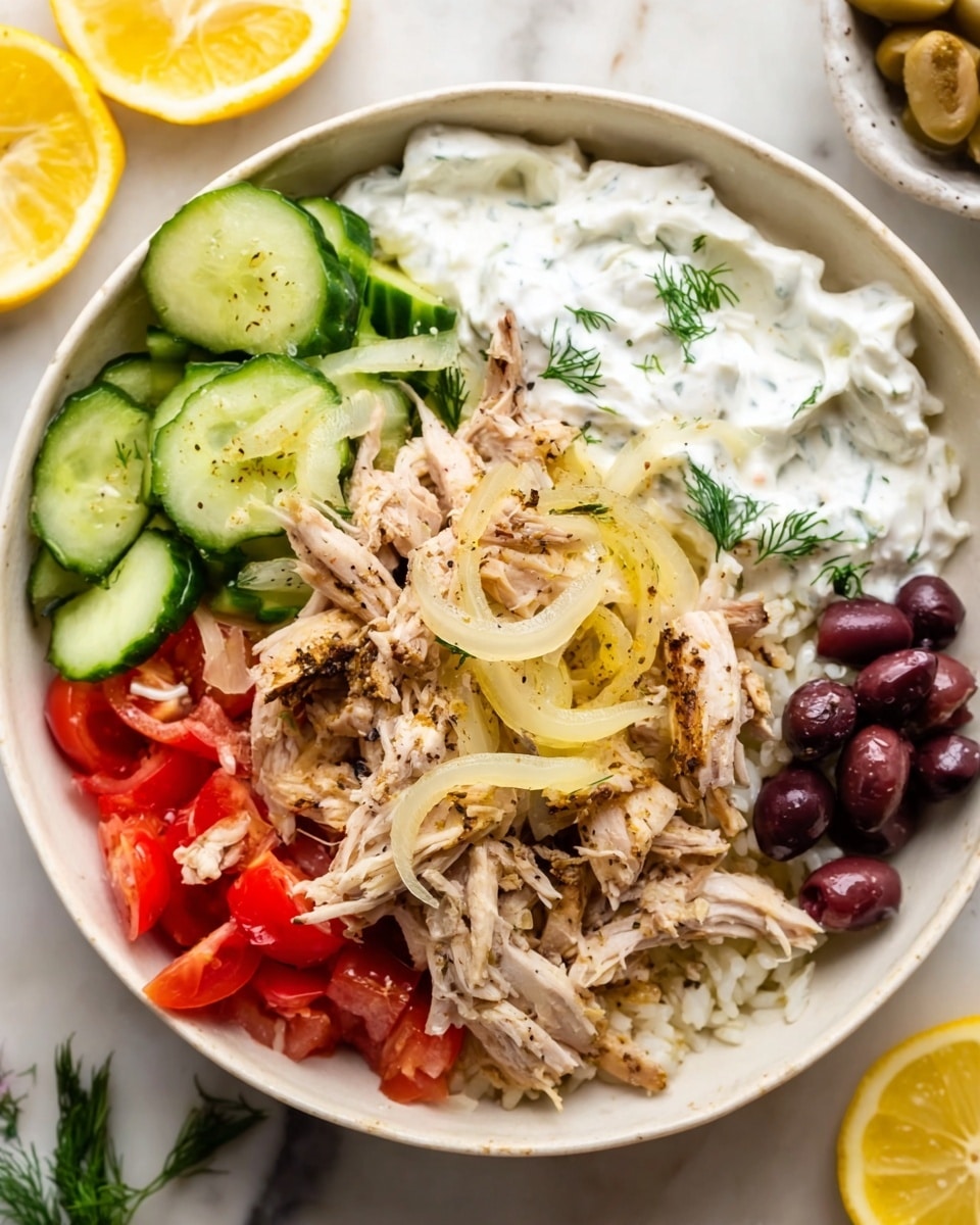A white bowl holds a colorful, layered salad starting with a base of fluffy white rice. On top of the rice is a layer of shredded white chicken mixed with thin, cooked onion slices that have a slightly glossy texture. To the side, there are fresh, sliced cucumber pieces in bright green and chunks of red tomatoes, along with several dark purple olives. There is a dollop of creamy white yogurt mixed with fresh green dill on one edge of the bowl. The bowl is set on a white marbled textured surface with a few lemon slices partially visible nearby. Photo taken with an iphone --ar 4:5 --v 7