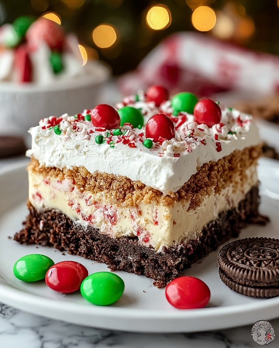 A square dessert with five visible layers sits on a white plate over a white marbled surface. The bottom layer is dark brown and crumbly, likely made from crushed chocolate cookies. Above this is a creamy pale yellow layer with small red peppermint bits scattered inside. The middle layer is a golden brown crumbly crust, giving a slight texture contrast. Next is a thick, fluffy white cream layer topped with large red candy pieces spaced evenly on top. The topmost layer is white whipped cream, decorated with small red and green round sprinkles. Around the plate are some red and green candy pieces and a chocolate cookie. Photo taken with an iphone --ar 4:5 --v 7