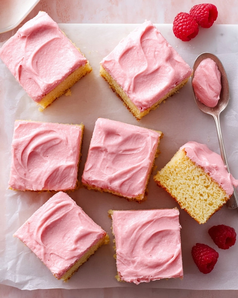 The image shows nine square pieces of soft yellow cake with a thick layer of smooth, light pink frosting on top with visible small red specks, arranged on white parchment paper over a white marbled surface. Two pieces are turned on their side to show the fluffy, moist yellow cake inside with the same pink frosting layer visible on top. A silver spoon with some pink frosting is placed on the right side, and there are two fresh raspberries nearby on the white marbled surface. photo taken with an iphone --ar 4:5 --v 7