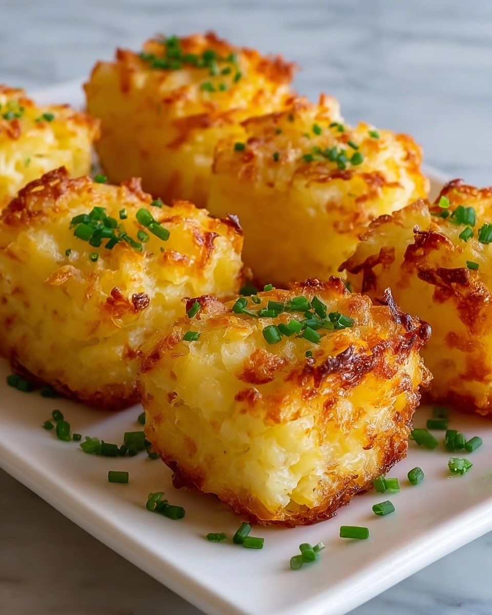 The image shows a white rectangular plate holding five golden-brown baked macaroni and cheese bites, each roughly square in shape and about two layers deep with a crispy top and soft, cheesy interior. The top layer is a crunchy, slightly browned cheese crust with small patches of darker golden spots, while beneath it is a creamy, softer yellow cheese mixed with pasta pieces, forming the bulk of each bite. Small green chive pieces are scattered on top of the cheese crust and the plate, adding a fresh pop of color. The plate sits on a white marbled surface, and the background is softly out of focus, emphasizing the warm, bubbly texture of the bites. photo taken with an iphone --ar 4:5 --v 7