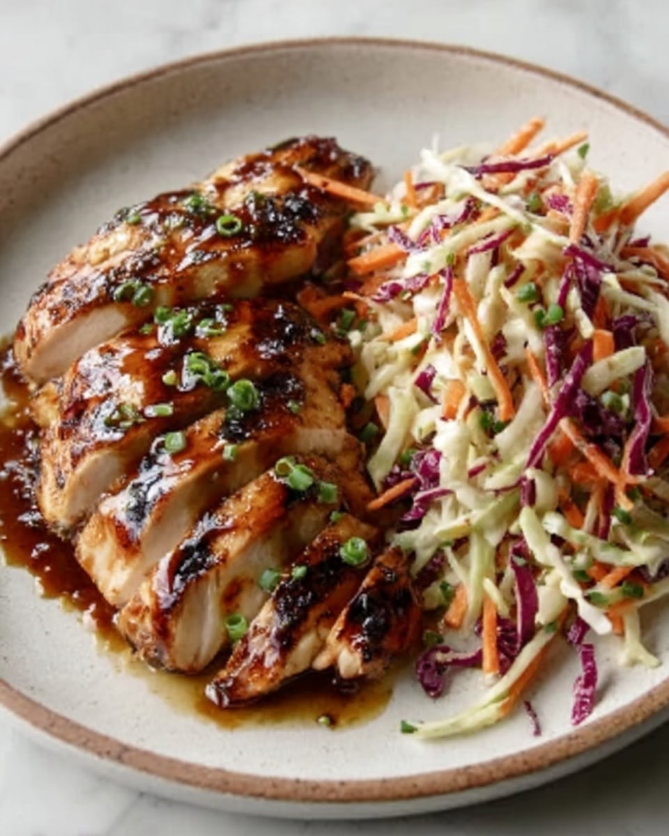 A white plate on a white marbled surface holds a dish with two main layers: the bottom layer is a colorful slaw made with shredded purple and green cabbage, carrots, and small bits of apple, giving a mix of bright purple, green, orange, and light yellow colors with a fresh, crunchy texture; the top layer consists of sliced grilled chicken breast pieces arranged neatly, showing a golden-brown, slightly glazed surface with visible char marks and a shiny sauce coating, sprinkled with finely chopped green herbs for garnish. Photo taken with an iphone --ar 4:5 --v 7