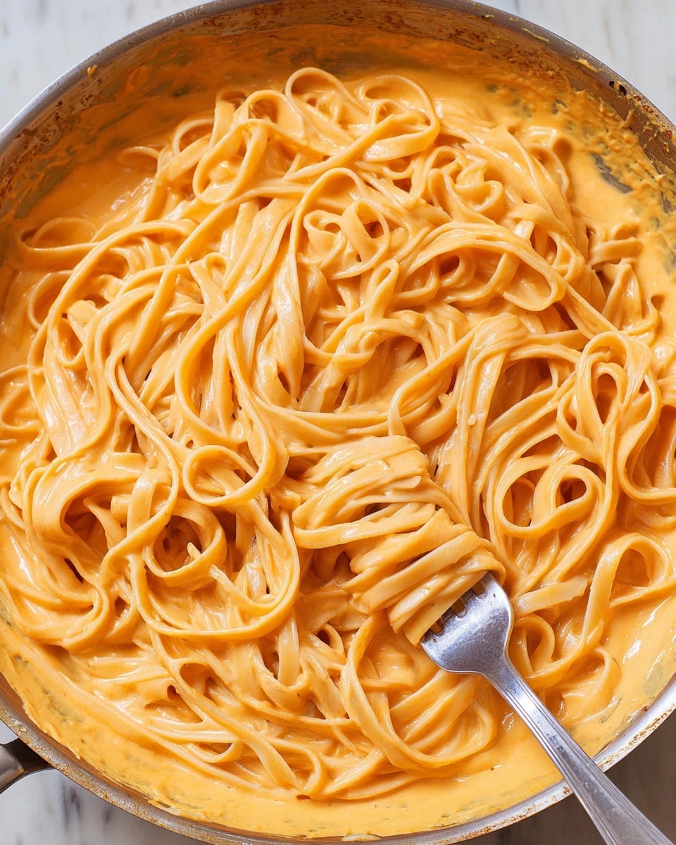A close-up view of a single layer of fettuccine pasta fully coated in creamy, smooth orange sauce, with the noodles slightly twisted and intertwined, resting in a black pan. A silver fork is partially twirling some noodles on the right side, with the shiny metal reflecting light. The sauce clings thickly to the pale yellow pasta, and some sauce splatters are visible on the pan edges. The background features a white marbled texture. photo taken with an iphone --ar 4:5 --v 7