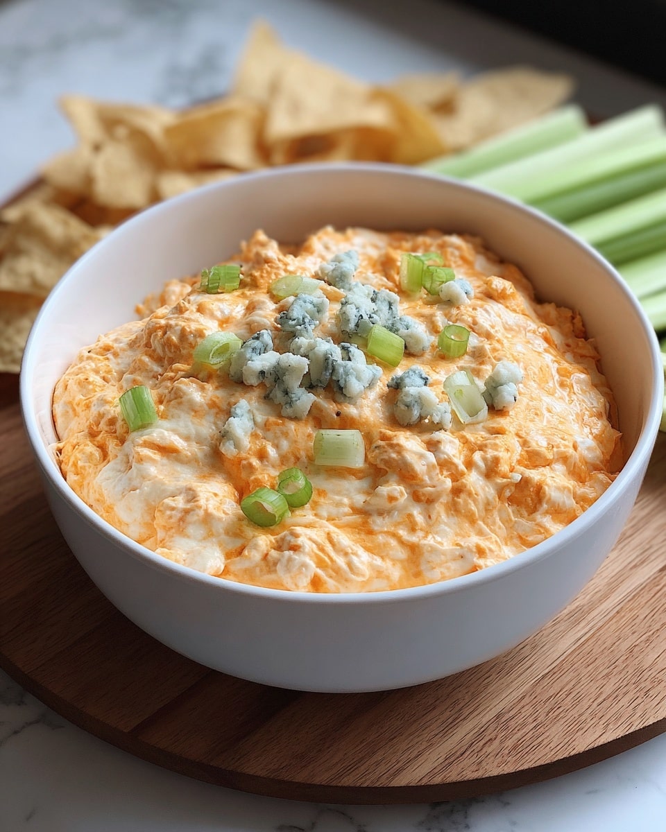 A round white ceramic dish filled with a creamy layered dip where the bottom layer is smooth orange cheese sauce mixed with white creamy cheese, creating a textured surface. On top, there are small chunks of blue cheese and scattered pieces of bright green chopped scallions. The dish sits on a wooden board, and in the background, there are pale yellow tortilla chips stacked next to some green celery sticks, all placed on a white marbled surface. photo taken with an iphone --ar 4:5 --v 7