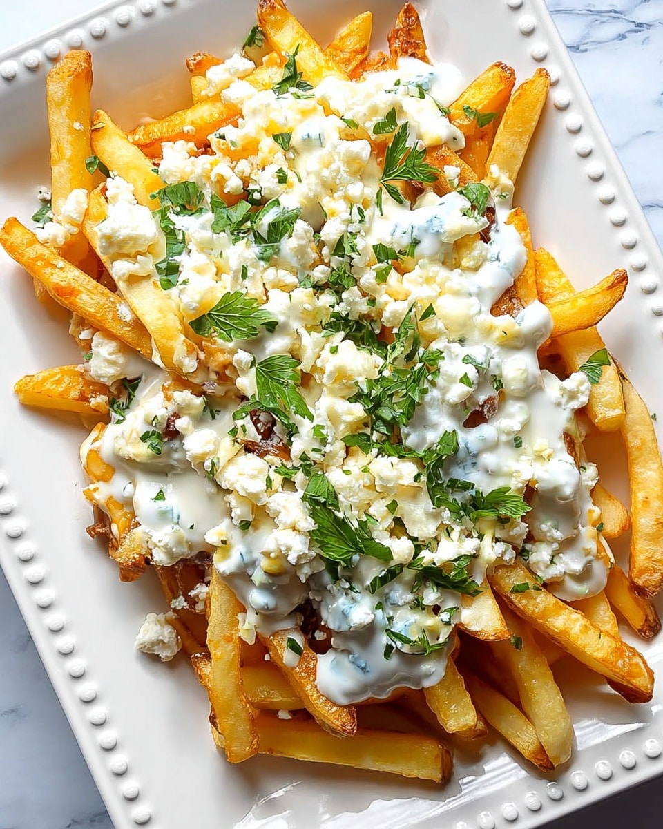 The image shows a white rectangular plate filled with golden, crispy French fries as the bottom layer. On top, a thick layer of creamy white sauce is spread unevenly, with small chunks of white cheese scattered over it. Fresh green herbs are sprinkled on top, adding a bright contrast. The plate is set on a white marbled surface, adding a clean and elegant touch. photo taken with an iphone --ar 4:5 --v 7