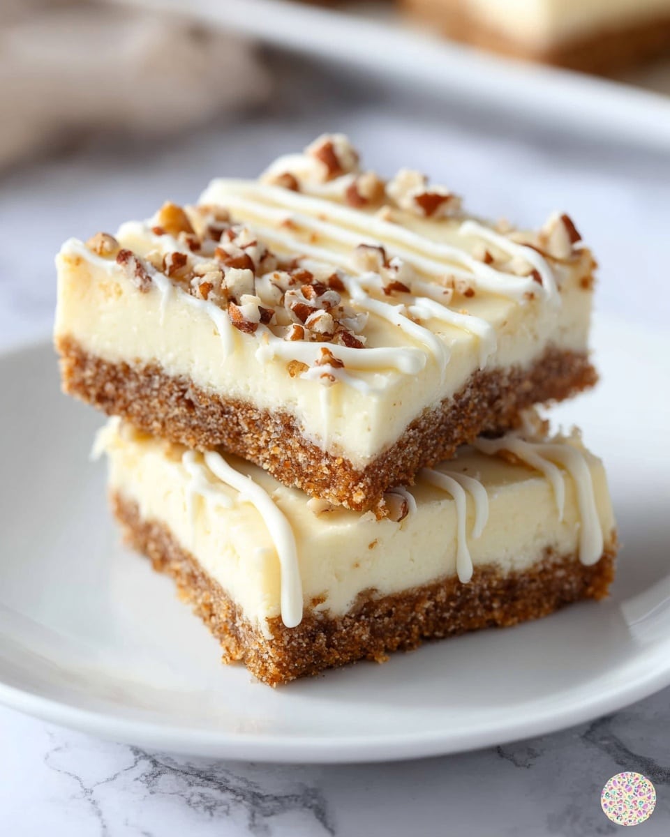 A square dessert bar sits on a white plate over a folded striped cloth on a white marbled surface. It has two layers: a thick, golden-brown crumbly base and a thick creamy pale yellow top layer. The top is decorated with chopped nuts scattered across and thin white icing drizzled in lines over the bar. Another similar bar is slightly visible behind it. Photo taken with an iphone --ar 4:5 --v 7