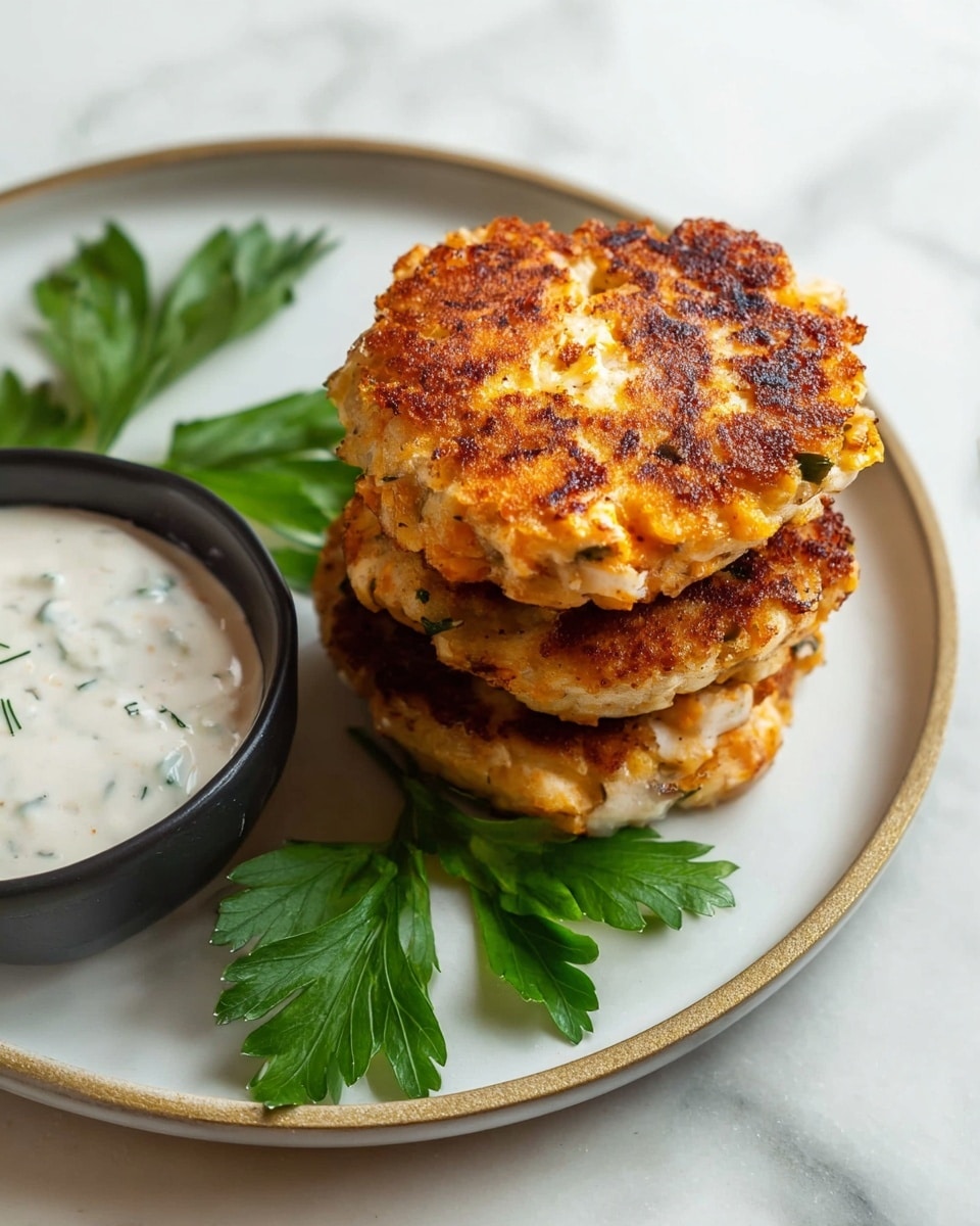 A stack of three golden brown salmon patties with a crisp, slightly charred surface and a soft, textured inside are centered on a white plate. The patties have an uneven, homemade look with small green herb bits visible inside. Fresh green parsley leaves are placed around the patties for garnish. On the left side of the plate, a small round bowl filled with a creamy white sauce speckled with green herbs sits partially visible. The plate rests on a white marbled surface with soft natural lighting highlighting the warm tones of the patties. photo taken with an iphone --ar 4:5 --v 7
