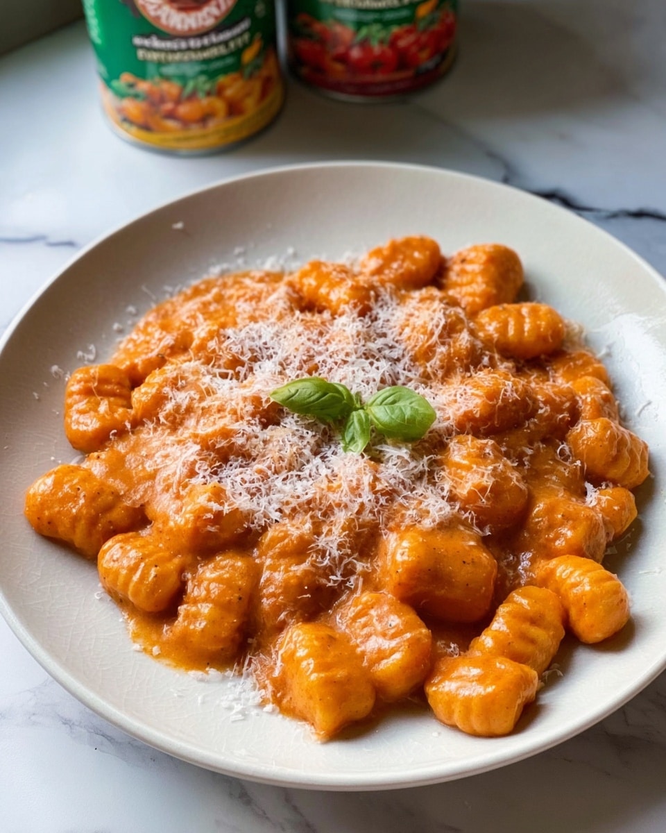 The image shows a plate of gnocchi covered in a thick orange-red creamy sauce, evenly spread over the surface with small chunks of gnocchi visible through the sauce. The gnocchi have a soft, slightly rounded texture, and the sauce has a smooth, glossy finish. On top, there is a light sprinkling of finely grated white cheese creating a delicate layer of texture, with a small green leaf placed in the middle for contrast. The plate is white and sits on a white marbled surface with two cans of tomato paste and crushed tomatoes partially visible at the top edge. Photo taken with an iphone --ar 4:5 --v 7