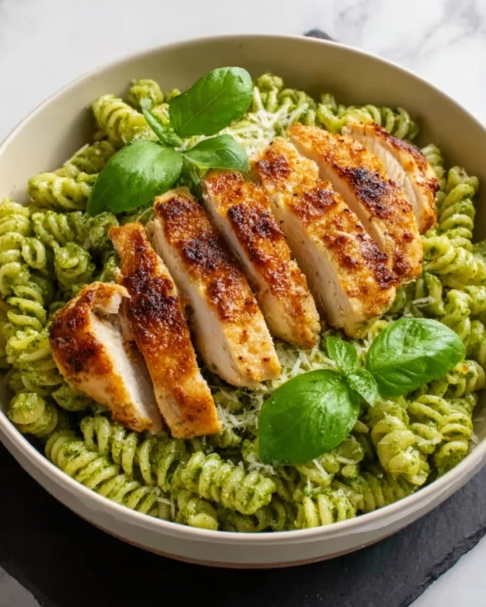 A white bowl contains three thick slices of golden-brown grilled chicken breast placed on top of green pesto fusilli pasta. The pasta fills the bowl, showing its spiral shape and a smooth, herb-green texture. There are a few fresh green basil leaves visible around the chicken, adding a touch of freshness. The dish is set on a white marbled surface. Photo taken with an iphone --ar 4:5 --v 7