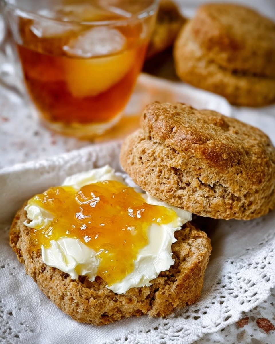 The image shows two pieces of brown whole grain bread, one whole and the other split open to reveal two layers on top: a creamy off-white spread and a thick layer of golden yellow-orange jam with visible chunks. Behind the bread, there is a glass filled with a golden brown liquid with ice cubes. Everything is placed on a white marbled surface with a lacy white napkin partially under the bread. Photo taken with an iphone --ar 4:5 --v 7