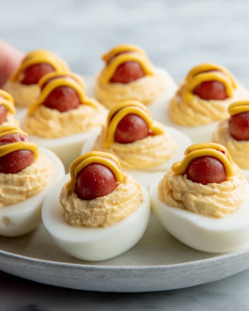 The image shows a close-up of a group of deviled eggs arranged neatly on a white tray. Each egg half has a smooth, creamy yellow filling that is slightly textured on top, with a small section of red sausage placed in the center. The sausage pieces are topped with thin, zigzagging lines of light mustard mustard, adding a bright contrast to the yellow filling and white egg white. The eggs are set against a white marbled background, giving a clean and fresh look to the scene. photo taken with an iphone --ar 4:5 --v 7