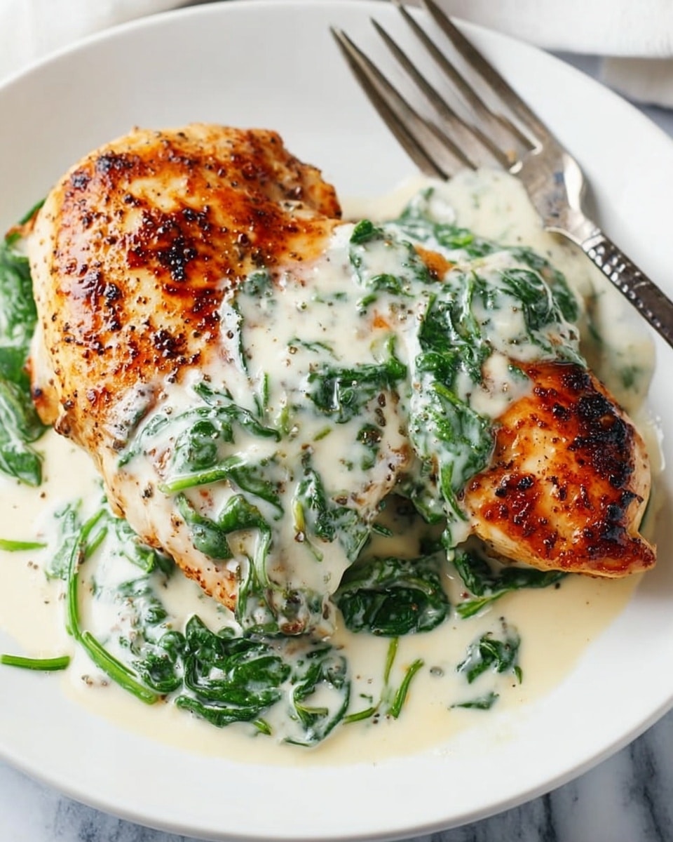 A white plate on a white marbled surface holds a thick, golden-brown cooked chicken breast as the base layer, grilled with visible seasoning and a slightly crispy texture. Covering most of the top and sides of the chicken is a creamy white sauce mixed with fresh green spinach leaves, giving a smooth yet leafy texture. A silver fork with a black handle rests on the edge of the plate near the chicken. photo taken with an iphone --ar 4:5 --v 7