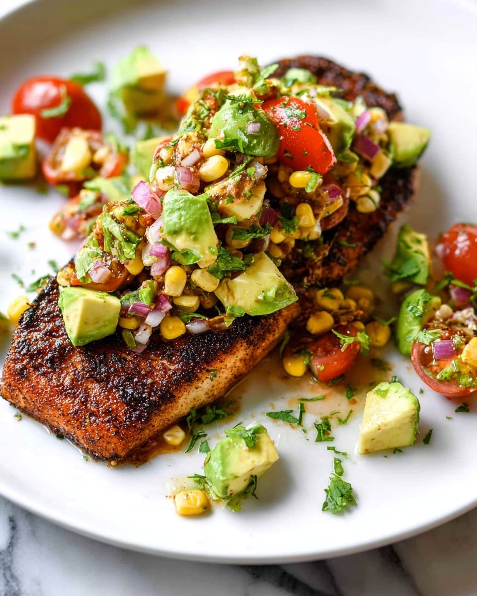 A white plate holds a grilled fish fillet with a dark brown, slightly charred surface as the base layer. On top of the fish, there is a colorful salsa made of diced avocado pieces in bright green, small chunks of red tomato, bits of purple onion, roasted yellow corn kernels, and sprinkled green herbs, creating a fresh and textured mix. Around the plate, there are a few scattered pieces of avocado and corn adding extra detail. The background features a white marbled texture. photo taken with an iphone --ar 4:5 --v 7