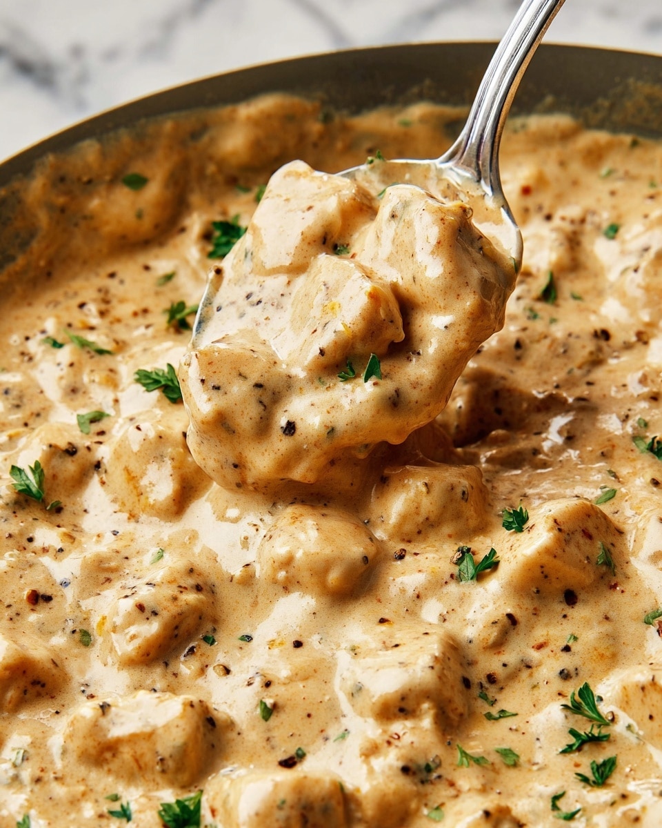 A close-up view of a creamy, thick dish with small, soft beans covered in a smooth, light brown sauce mixed with black pepper specks. The sauce has a glossy texture and is garnished lightly with small, chopped green herbs scattered evenly on top. The beans are nestled closely together, creating a textured surface with the sauce binding them all in a rich, velvety layer. A silver spoon holds up a scoop of the dish from the bottom right, showing the mix of sauce and beans clearly with a few herbs resting on top. The background is a white marbled texture. photo taken with an iphone --ar 4:5 --v 7
