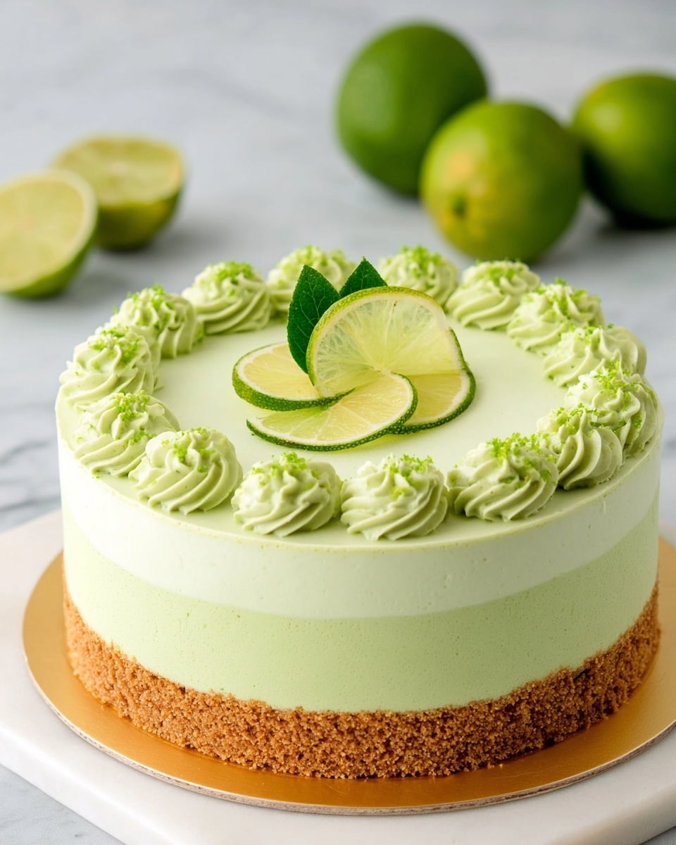 The image shows a round cake with three visible layers. The bottom layer is a crumbly, light brown crust that looks crunchy. The main middle layer is thick and smooth, pale green in color, likely a lime or matcha mousse. The top layer is the same pale green mousse with a smooth surface, decorated with evenly spaced swirls of green cream around the edge. On the top center, there are three thin, round slices of lime, with small green leaves beside them. The cake sits on a round golden base which is on a white plate, all set on a white marbled surface. In the blurred background, there are three whole limes. photo taken with an iphone --ar 4:5 --v 7